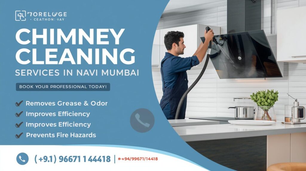 Technician providing chimney cleaning service in a modern kitchen in Navi Mumbai with contact number for booking.