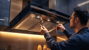 Technician servicing a Kutchina auto-clean chimney in a modern kitchen
