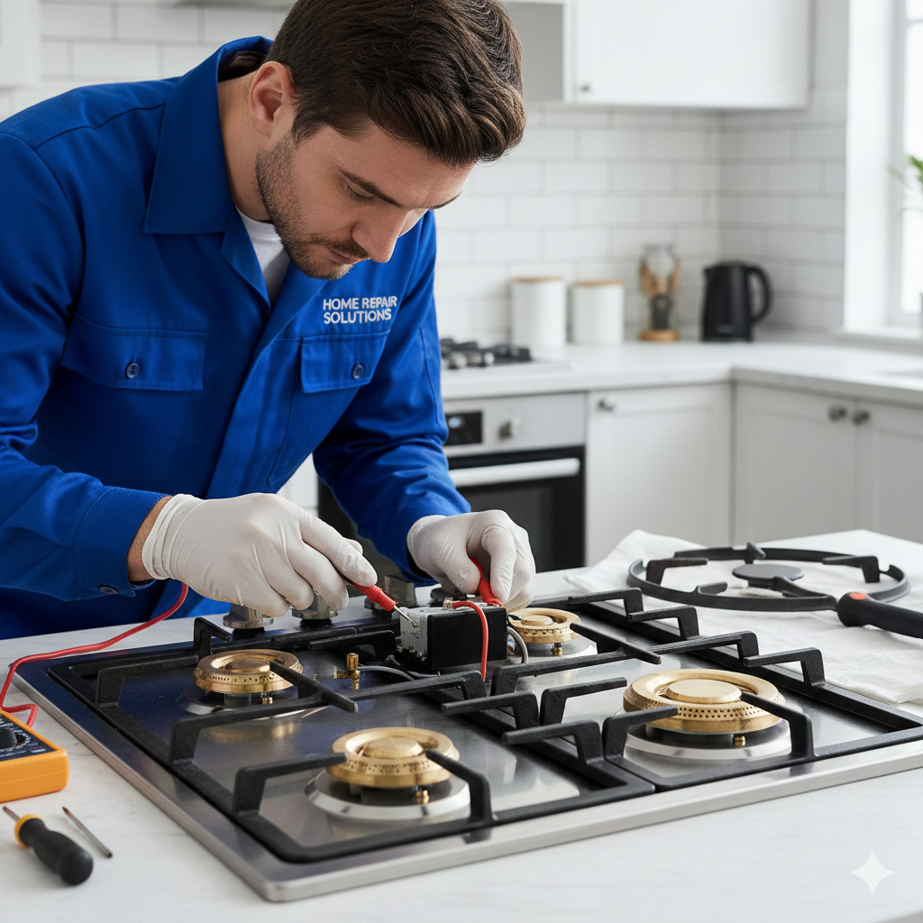 Hob ignition repair service technician checking burner and spark electrode