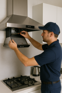 Technician performing chimney repair in Chembur for Elica and Kaff kitchen chimney.