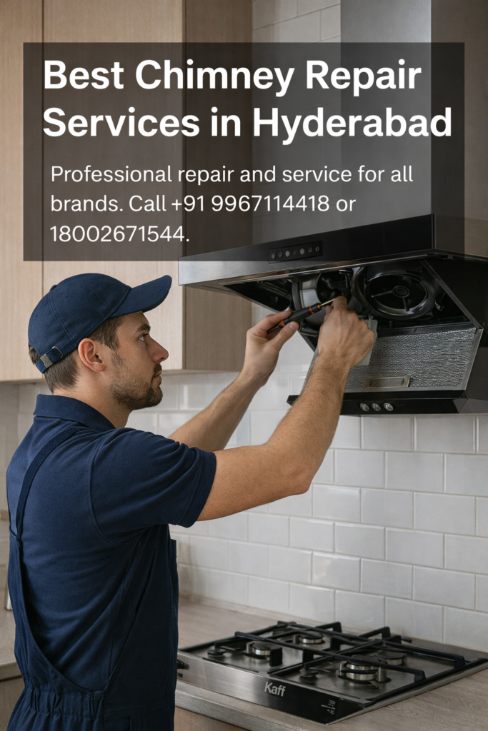 Technician performing chimney repair in Hyderabad for a modern kitchen chimney.