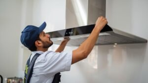 Professional technician repairing an Elica chimney in a modern kitchen in Vikhroli East, Mumbai.