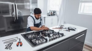 Technician performing gas stove repair in Chembur for Elica and Faber hob with safety tools.