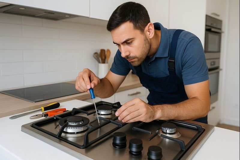 Technician repairing a modern gas stove hob in a Chembur kitchen using tools for burner and ignition service.