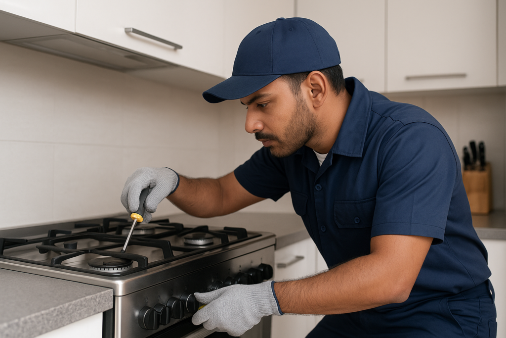 Certified technician performing gas stove and gas hob repair in Powai.
