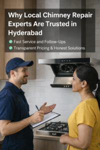 Local chimney repair technician servicing a kitchen chimney in a Hyderabad home with professional tools.