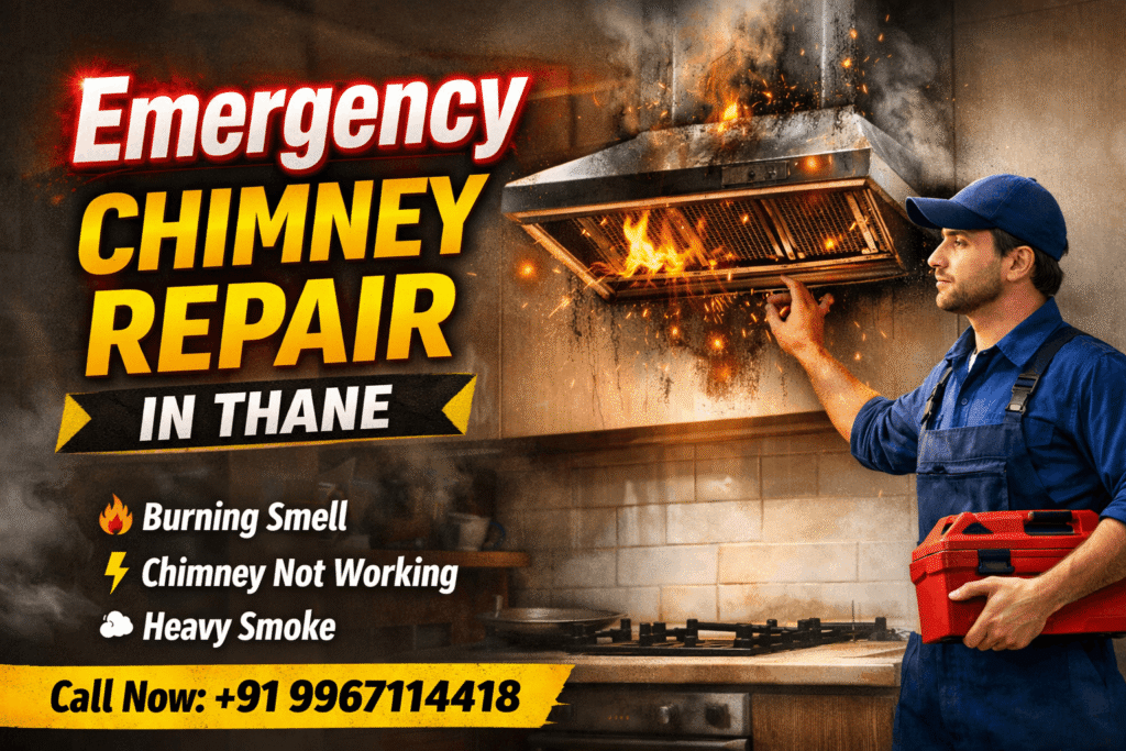 Emergency chimney repair in Thane technician fixing burning kitchen chimney with smoke and sparks
