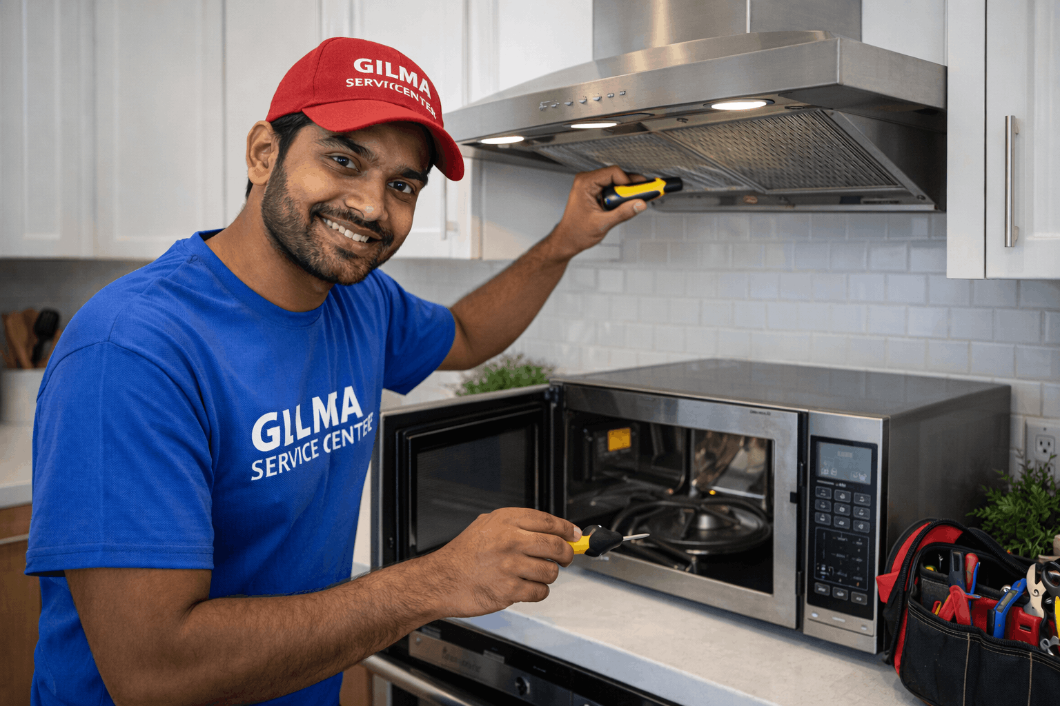 Gilma service centre technician repairing Gilma chimney at doorstep