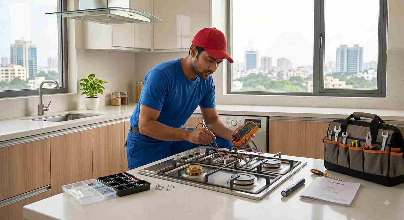 Certified technician fixing a gas cooktop control knob